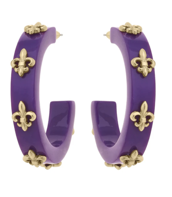 Mardi Gras Fleur De Lis Resin Hoop Earrings